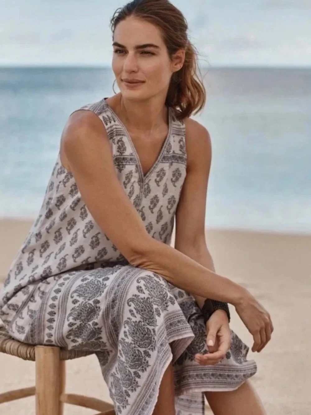 Pure Jill linen size L Sleeveless Paisley Beach Dress in Light Gray